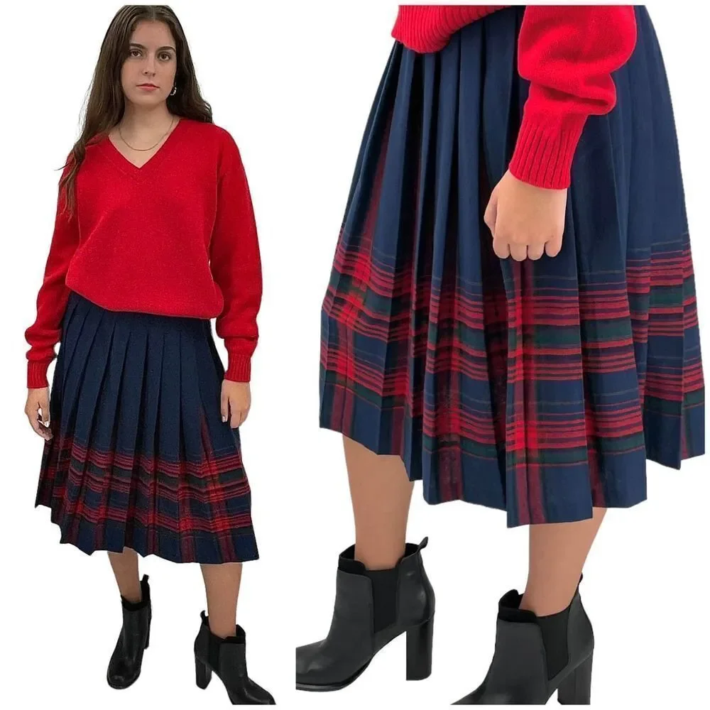 Vintage Pendleton Wool Skirt Pleated Accordion Midi Length Navy Red Plaid | 6 P